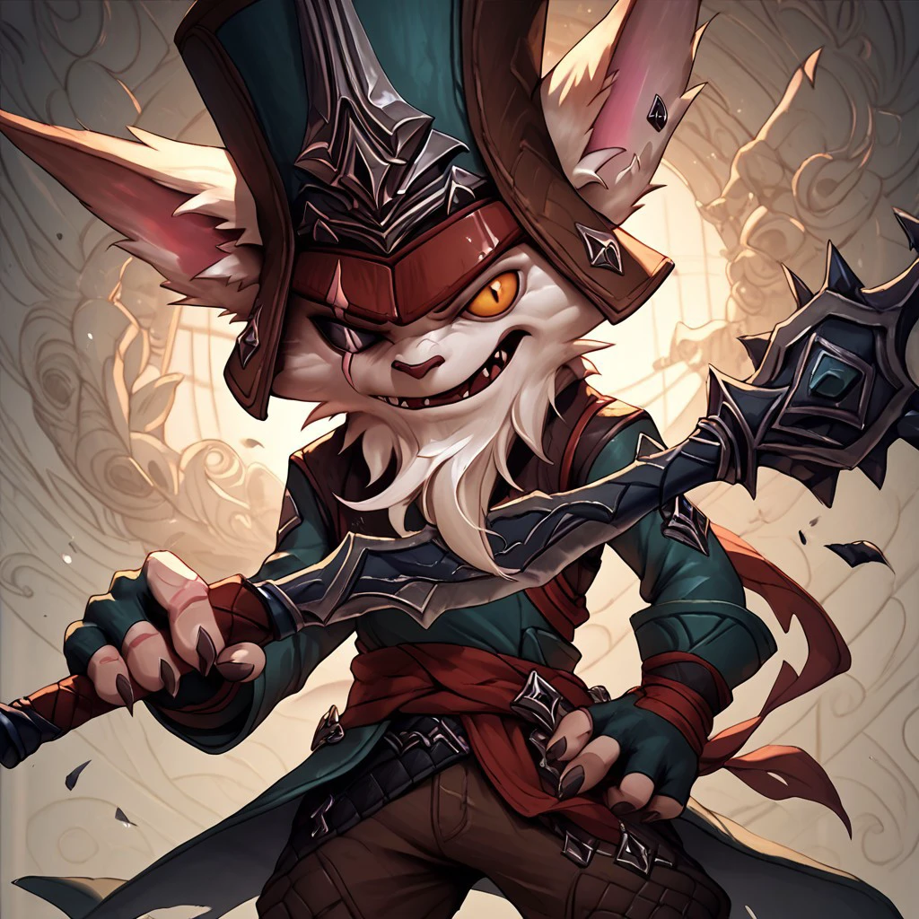 score_9, score_8_up, score_7_up, detailed background, Kled, Yordle, scar across eye, colored sclera, hat, weapon, brown pants, fingerless gloves, holding weapon