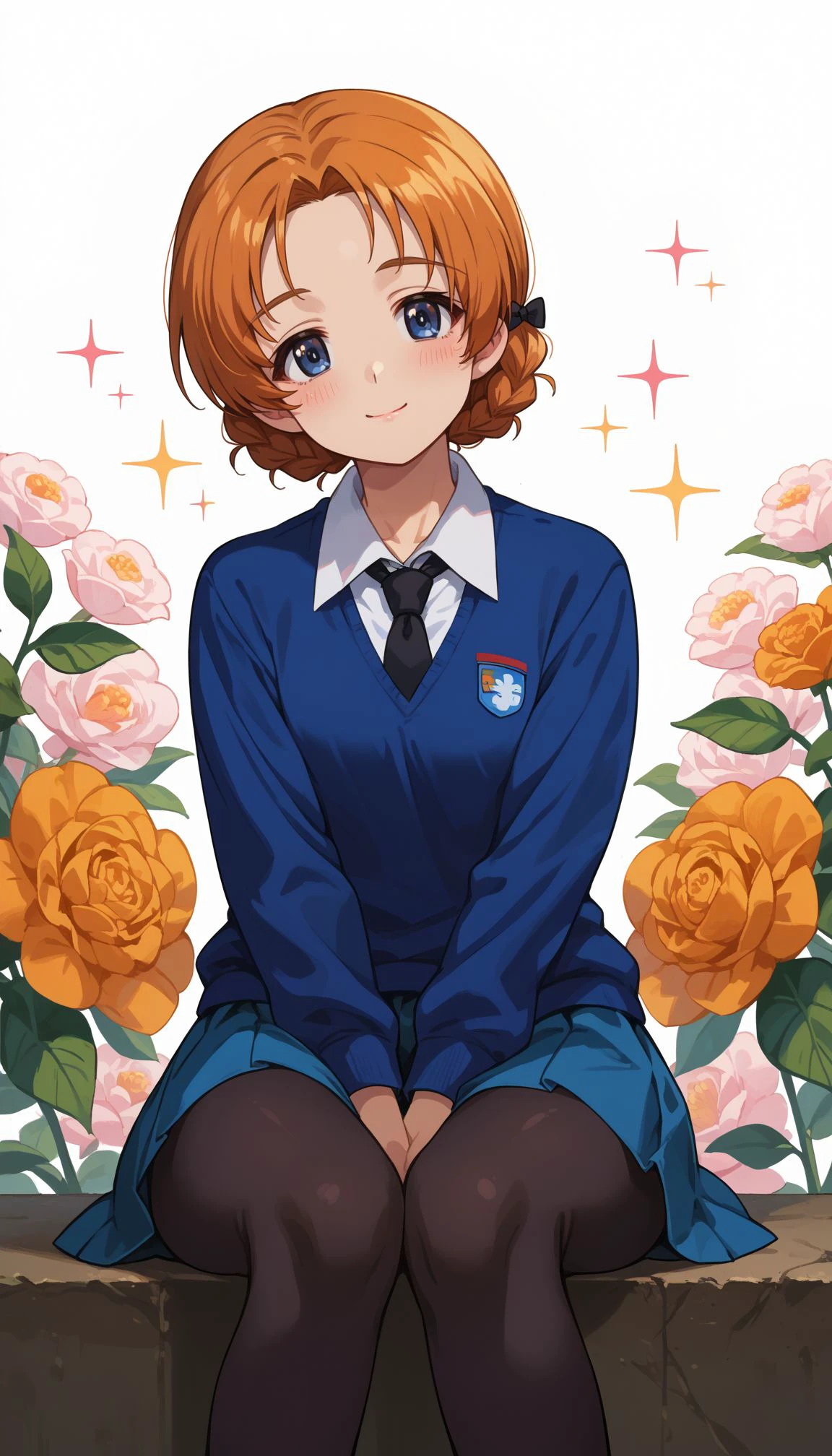 score_9, score_8_up, score_7_up, source_anime,  
 <lora:GUPOrange:0.8> 1girl, orange pekoe (girls und panzer), st. gloriana's school uniform, black pantyhose, blue skirt, blue eyes, sitting, braid, black necktie, smile, blue sweater, pleated skirt, white shirt, miniskirt, looking at viewer, short hair, v-neck, dress shirt, long sleeves, twin braids, orange hair, head tilt, st. gloriana's (emblem), v arms, closed mouth, parted bangs, blush, wing collar, floral background, +++, hair bow, sparkle, black bow, hand between legs, shadow