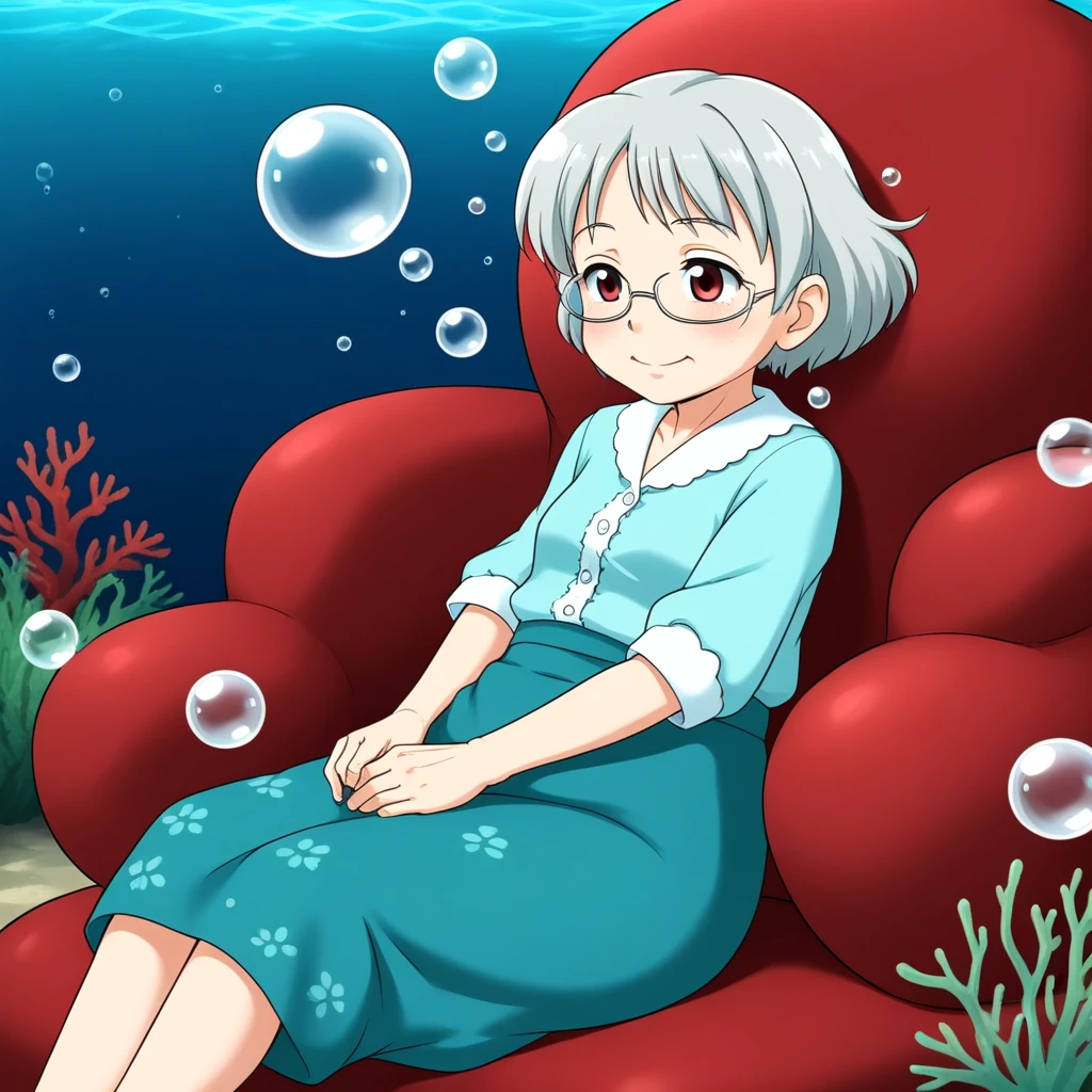 <lora:breathing_underwater_SDXL:0.5>, solo, 96 years old grandmother, bubble, under the sea, anime, Puffing, sitting