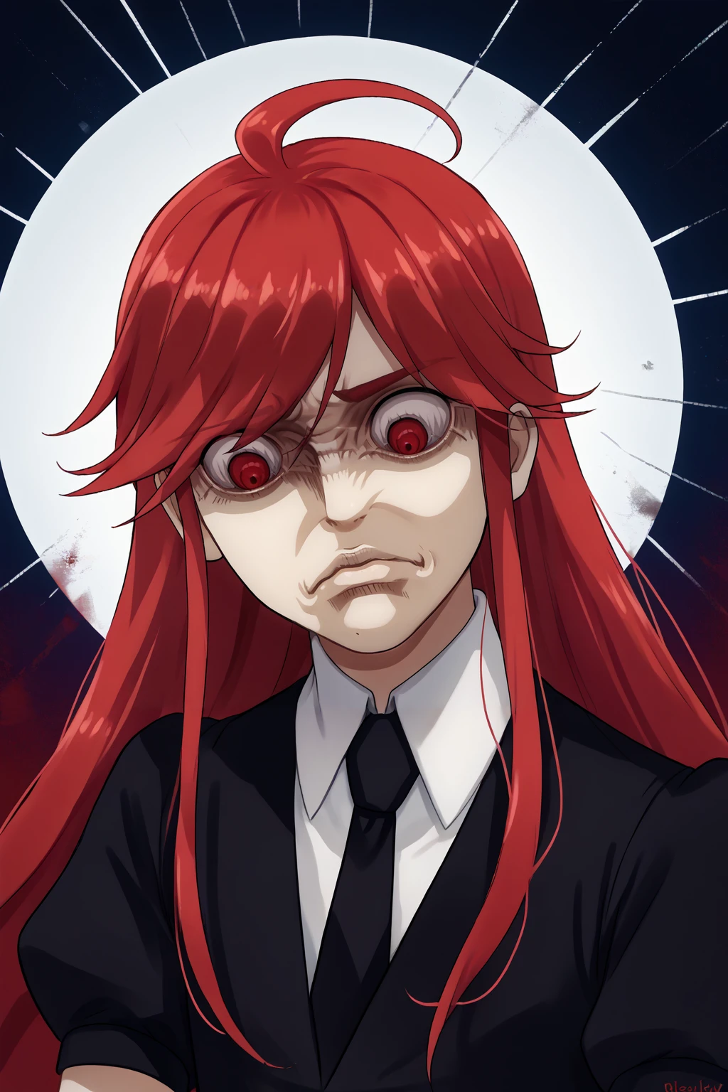 score_9, score_7_up, source_anime, close-up, looking down, alxdrt, ahoge, red eyes, red hair, long hair, crystal hair, white skin, black shirt, puffy short sleeves, collared shirt, black necktie, abstract background, YelenaFacePrdy, shaded face, closed mouth, dark background, <lora:Hoseki_HousekiNoKuni_Alexandrite_PDXL_v1:1> <lora:YelenaFaceParody_pdxl_Incrs_v1:1> 