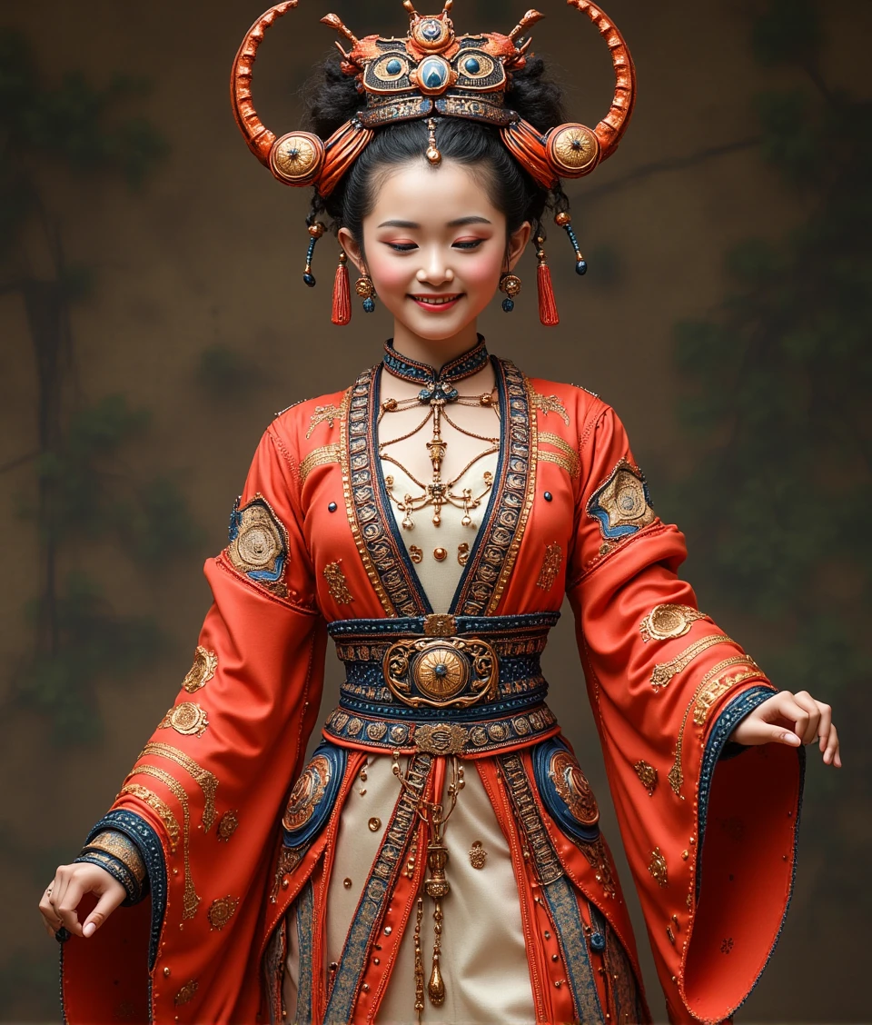 a beautiful chinese woman dancing and smile,MECHSCARAB