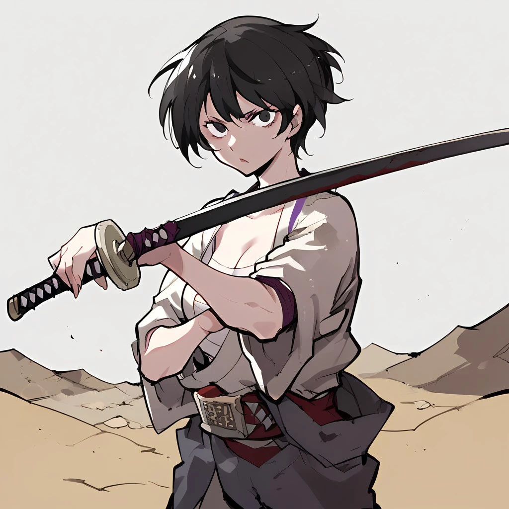 score_9, score_8_up, score_7_up, BREAK, source_anime, absurdres, 1girl, solo, messy short black hair, holding huge katana over shoulder, japanese clothes, hand extended towards viewer, looking at viewer, wasteland desert background