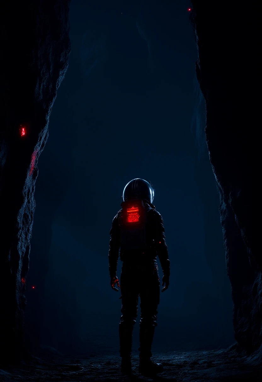 a person in a space suit in a dark monolith with red lights. R3tun4L style