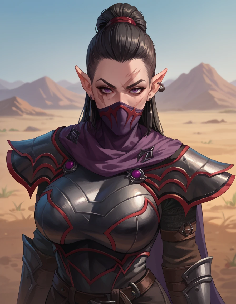 score_9, score_8_up, score_7_up, score_6_up, 2d, cartoon,
DEShade, pointy ears, black hair, scar, earrings, armor, mask,
curvy, mature eyes, purple eyes, solo,
<lora:Shade:0.8>