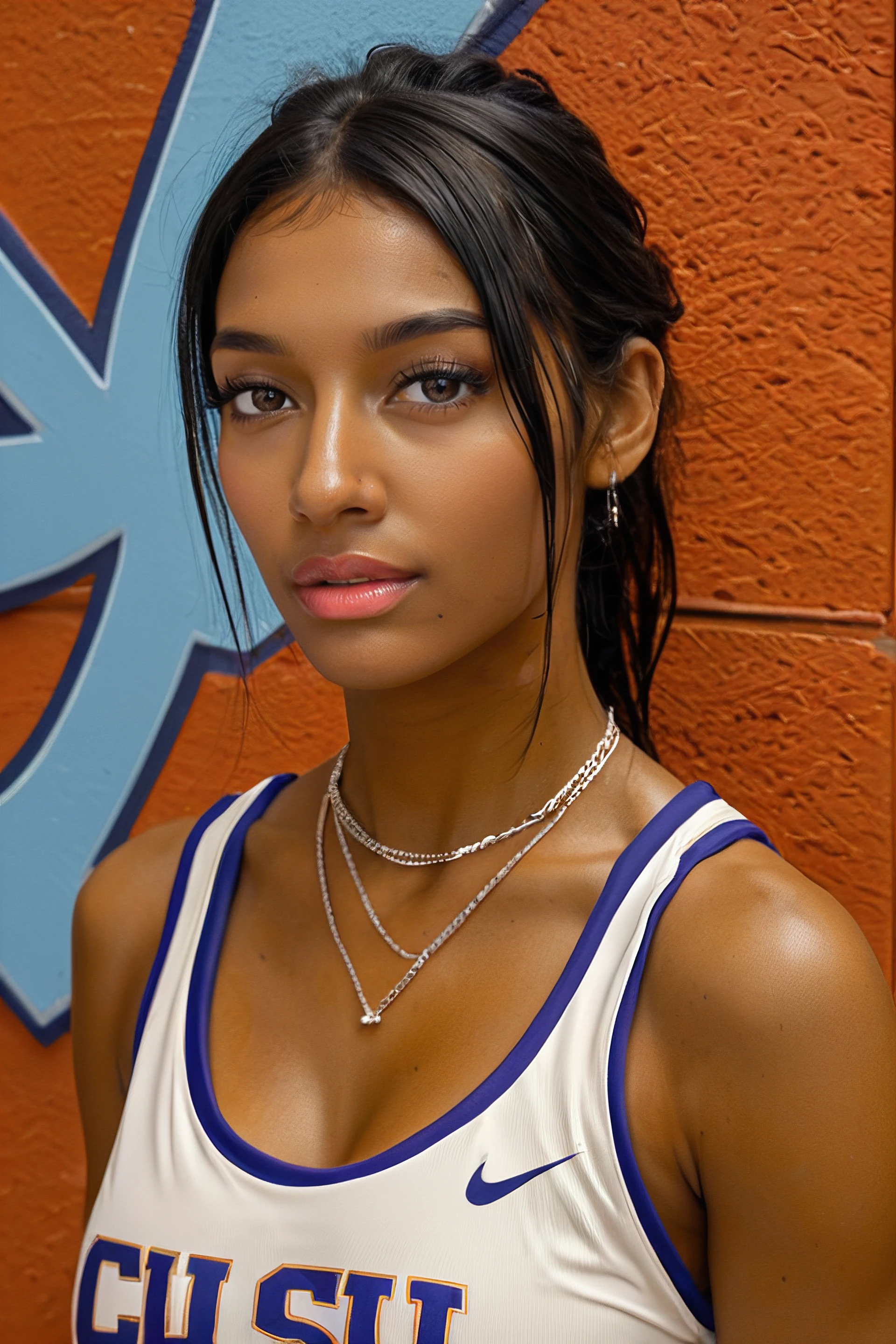 score_9, score_8_up, score_7_up, <lora:Angel_Reese_Pony:.9> angelresse, black hair, dark-skinned female, female focus, sportswear 1girl, looking at viewer , tank top, at Indoor Court, polished wooden floor, professional-grade basketball hoops, bright overhead lighting, team logos painted on the floor, bleachers for spectators, angel, female focus, realistic, basketball