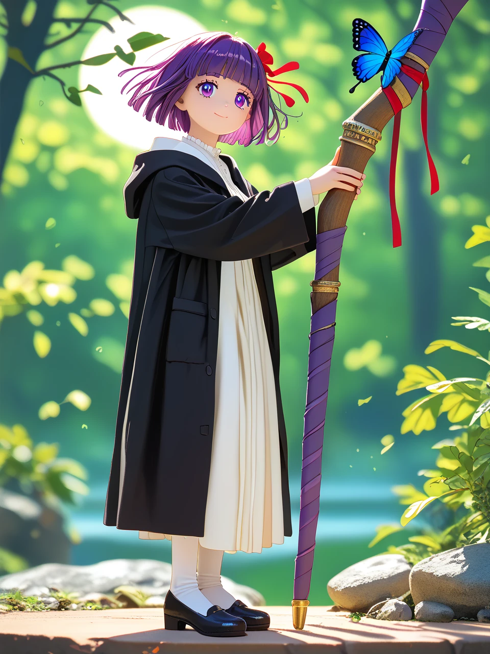 (score_9, score_8_up, score_8, score_9, ASCII score_9), (source_anime), (masterpiece best quality), (beautiful atmosphere), (depth field, 8K, UHD), (sharp eyelid, sharp eyelashes, thick eyelashes, long eyelashes), (sharped face, beauty makeup), (beautiful skin, beautiful face), (curvaceous figure), (perfect anatomy), (beautiful detailed face, beautiful oval face), (Beautiful, natural breasts), (detailed embroidery), (sharp out line), (elegant nose), (unity), (Unreal Engine5), (Figurine body, PVC), foreshortening, skin dentation, Visual Representation, sense of movement, detailed backgrounds, cinematic scene, looking at viewer, extremely close range view, smile, head tilt, :d,
1girl, solo, <lora:å°ãã§ã«ã³pn:1>, fern-small, fern \(sousou no frieren \), purple eyes, purple hair, short hair, hair ribbon, red ribbon, black robe, hooded robe, black footwear, holding staff, outdoors, forest, tree, gras, full moon, backlighting, butterfly, floating hair, multicolored background, full body, from side, <lora:artroticaf erotic photography:0.6>, artroticaf, colored lighting, natural lighting, professional view, professional photo framework, dramatic lighting, particles, <lora:Animegao pn:0.6>, animegao,
