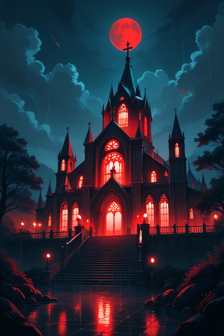 score_9, score_8_up, score_7_up, source_anime, rating_safe, night, natural lighting, raining, fantasy-church structure focus, Dachurch, black structure, evil, intricately detailed illustration, horror (theme), from below, red theme