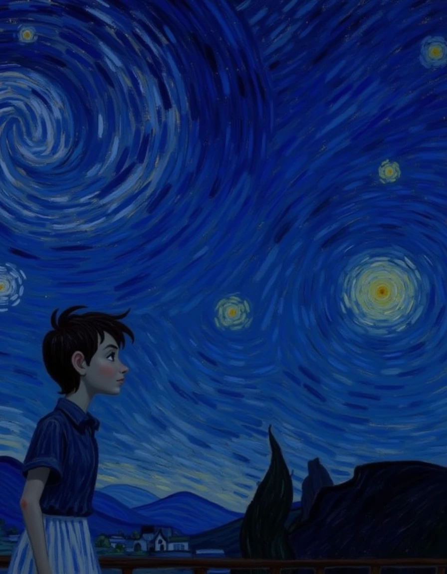 <lora:Starry-Night_v10-000013:1>, starry_night1, a girl looking up at the night sky