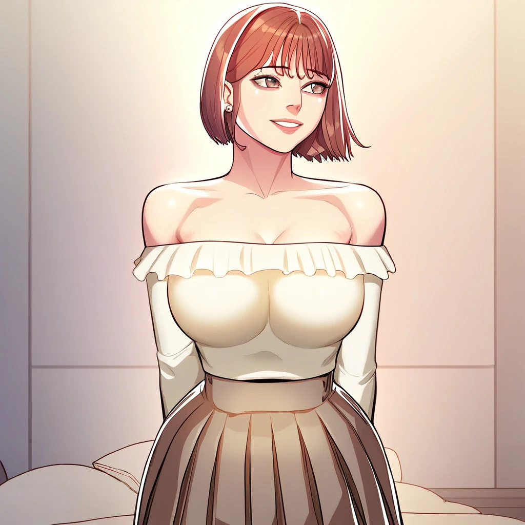 score_9, score_8_up, score_7_up, ASCII masterpiece, source_anime, BREAK, 1girl, solo, (( <lora:jung_hye-yoon:1> , jung_hye-yoon, thin waist, wide hips, beautiful skin, piercing light brown eyes, clear eyes, bright pupils, beautiful eyes, beautiful red hair, beautiful short hair, bangs, huge and shaggy breasts, natural beauty, extraordinary beautiful woman, attractive woman, super sexy woman, lustful body, sexy woman with seductive obscene body, sensual body, voluptuous body, sexy beauty, no piercings, no piercing, )) , ((beautiful off-shoulder long-sleeves white top with frills, pleated brown skirt, )) , sexy pose, cowboy shot, seducative smile, sexy, hands behind back, inside hotel room, morning lights,