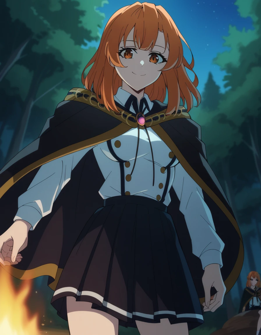 score_9, score_8_up, score_7_up, source_anime, <lora:colette-loire-s1-ponyxl-lora-nochekaiser:1>, colette loire, bangs, brown eyes, medium hair, orange hair, orange eyes, medium breasts,, skirt, black skirt, school uniform, cape, gemstone, brooch, long sleeves, shirt, white shirt, collared shirt, camping, bonfire, tent, stargazing, marshmallows, forest clearing, night, smile, looking at viewer, from below, solo,, cowboy shot, dutch angle