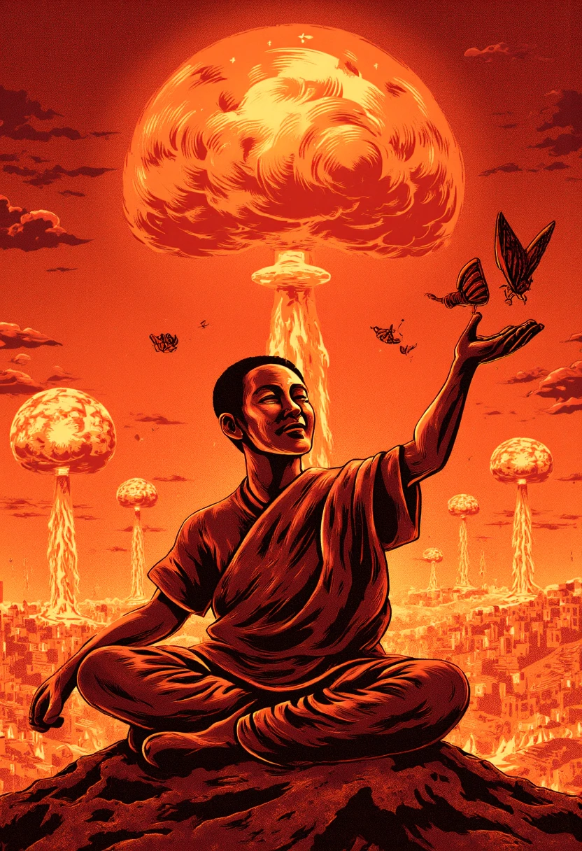 A stunning high quality award winning photograph of a buddist monk sitting cross legged meditating, exhibiting calm, zen, relaxed, stillness. His eye should be open, relaxed with a small smile. In the background of the relaxed monk should be many mushroom clouds of atomic bomb explosions, the beginning of armageddon, the end of humanity, burning cities and devestated earth. The monk is holding out his finger which a butterfly is in the process of landing on.