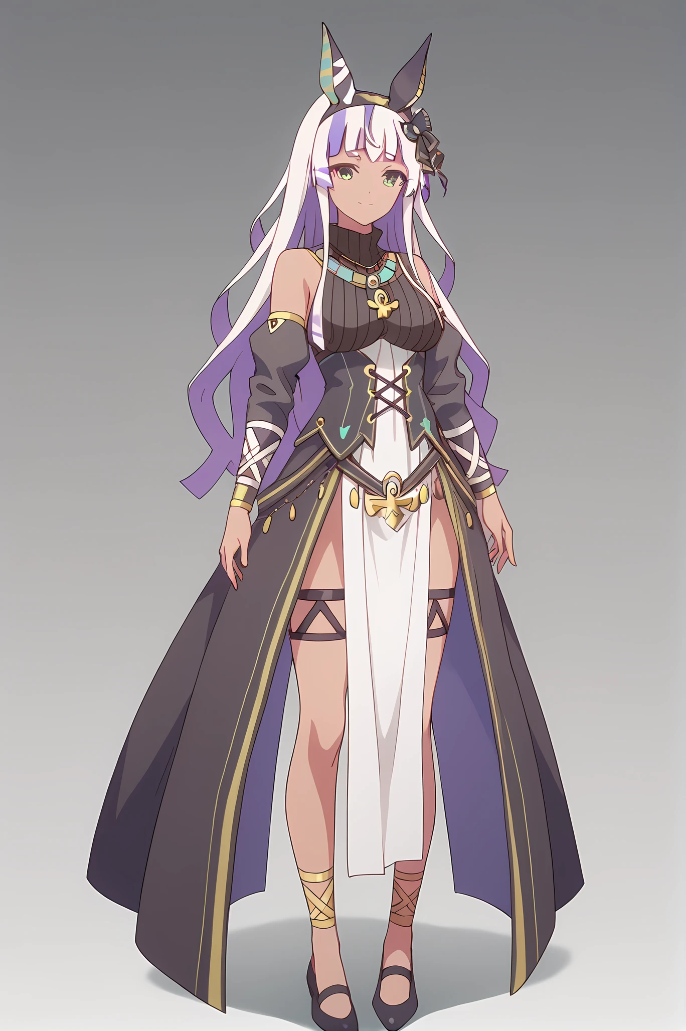 (egyptian clothes detached sleeves pelvic curtain:1.20), gg-anubis, necklace, hairband, white hair, multicolored hair, long hair, dark skin, jackal ears, green eyes, medium breasts, 1girl, solo, skinny, score_9, score_8_up, score_8, score_7_up, score_7, score_6_up, score_6, score_5_up, score_5, source_anime, light smile, , (full body:1.20), (:1.20), , <lora:gg-anubis-V01-000003:0.70>