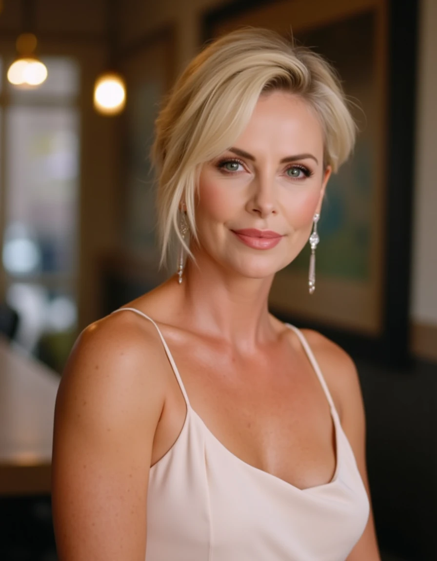 <lora:Charlize_Theron_Flux:1> with short, natural makeup style featuring a soft pink lipstick and a light, styled in a tousled, likely in her mid-40s, . The gown is fitted at the waist and flares out into a flowing skirt. In a cafe.