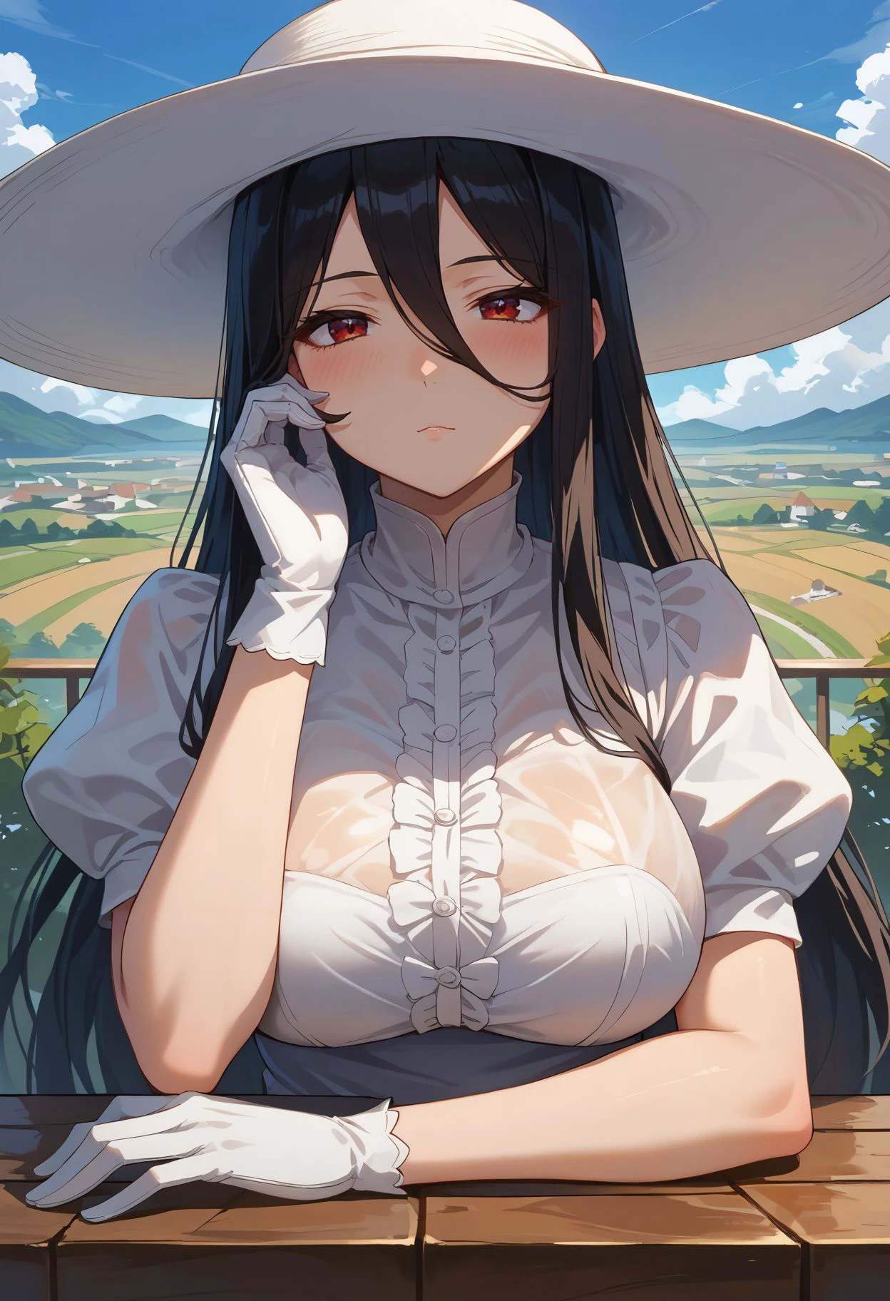 score_9,score_8_up,score_7_up, <lora:hasshaku_sama_pdxl_goofy:1>hasshaku sama, 1girl, large breasts, sun hat, black hair, white headwear, blue sky, long hair, white gloves, breast rest, blush,red eyes, white dress, cloud, looking at viewer, outdoors, giantess, tall female, day, upper body, giant, :o , hair between eyes
