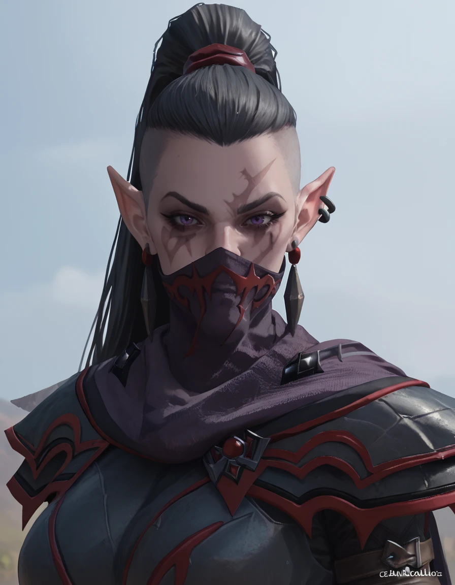 score_9, score_8_up, score_7_up, score_6_up, 
DEShade, pointy ears, black hair, scar, earrings, armor, mask,
curvy, mature eyes, purple eyes, solo,
<lora:Shade:0.8>