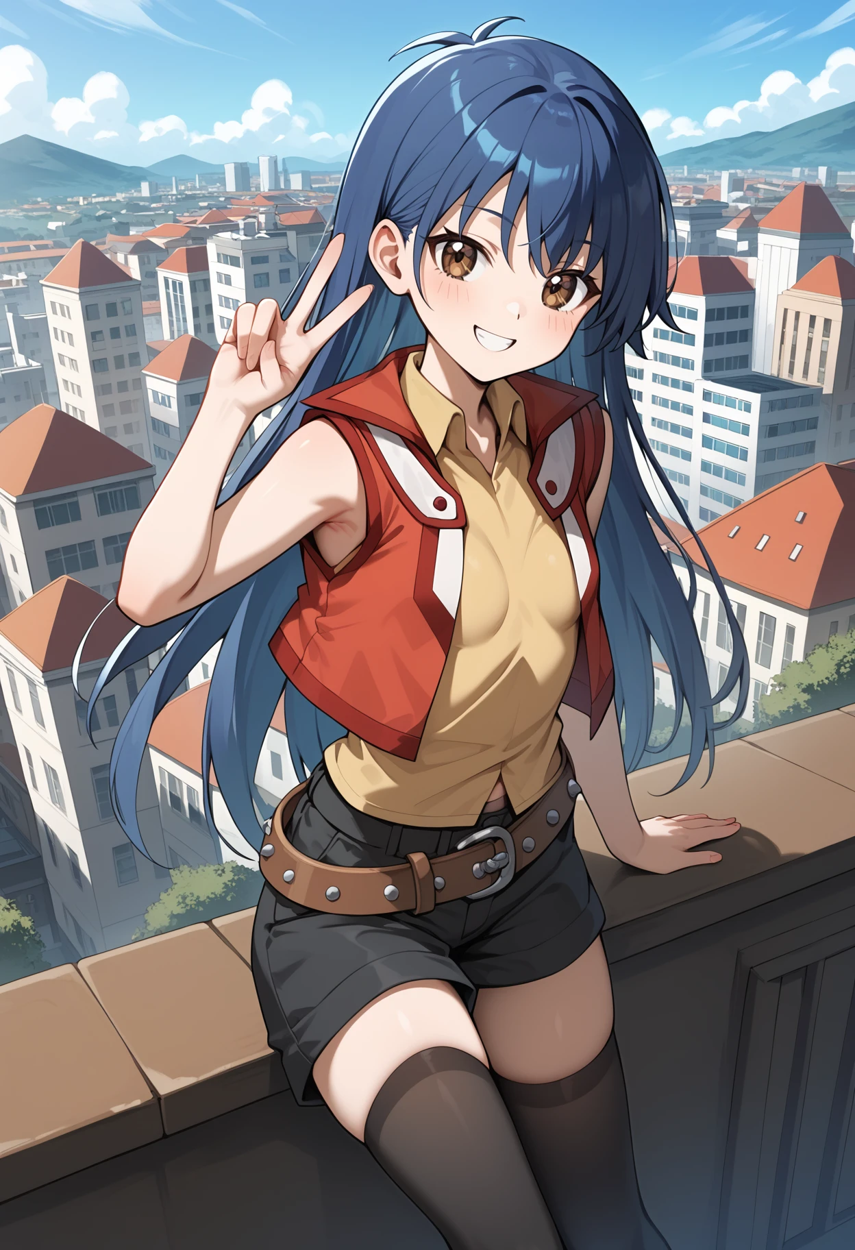 score_9, score_8_up, score_7_up, score_6_up, score_5_up, score_4_up, source_anime, aarei, long hair, blue hair, brown eyes, small breasts, collared shirt, yellow shirt, red jacket, sleeveless, belt, black shorts, black thighhighs, <lora:saotome_rei_ponyxl_v1:0.9>, rooftop, city, smile, peace sign,