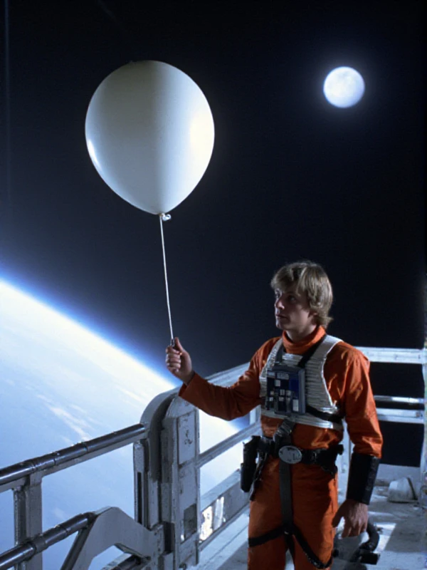 Luke Skywalker is holding a balloon in a spaceship <lora:Luke_Skywalker:0.9>