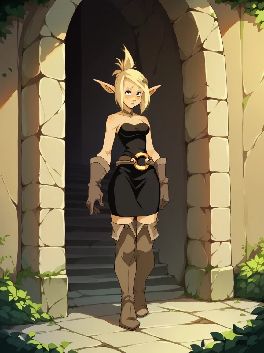 score_9, score_8_up, score_7_up, score_6_up, score_5_up,   <lora:wakfuXLP:1> wakfu, 1girl, blonde hair, pointy ears, full body, black dress, thigh boots, gloves, belt