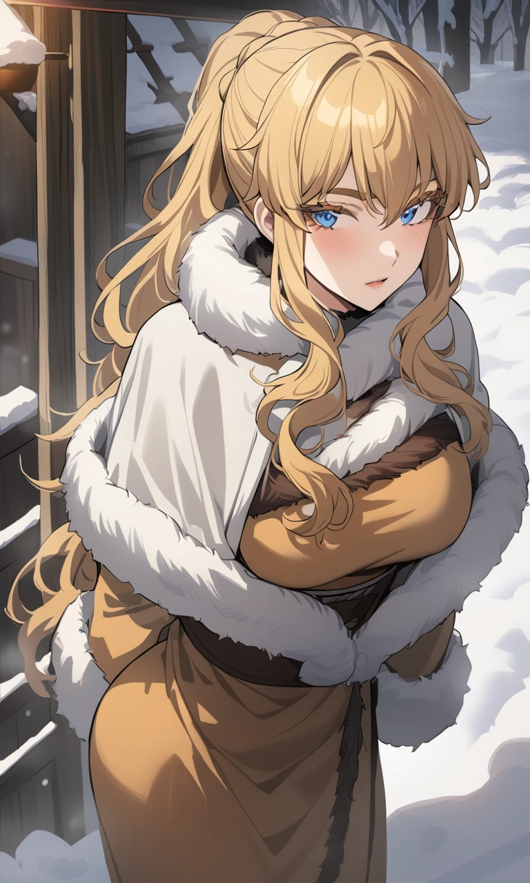 YLV4L0R4PDXLV1, 1girl, blue eyes, blonde hair, ponytail_with_braided_base, colored_eyelashes, blonde_eyelashes, blonde_eyebrows, light-skinned_female, fur-trimmed_coat, dress, fur-trimmed_coat, snow, snowy, viking