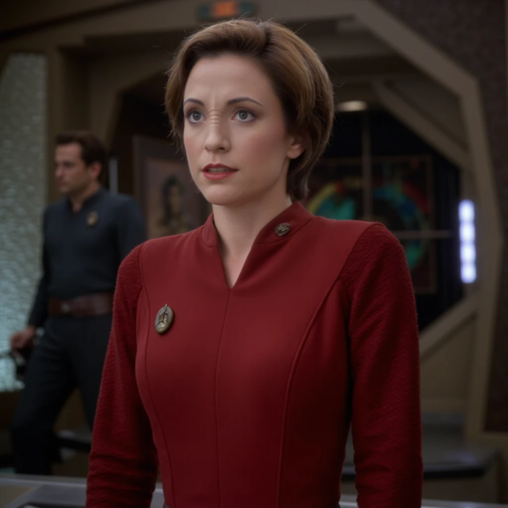 photo realistic, KiraNerys woman, wearing bajoran uniform  <lora:KiraNerys_Flux_v1:1.3>