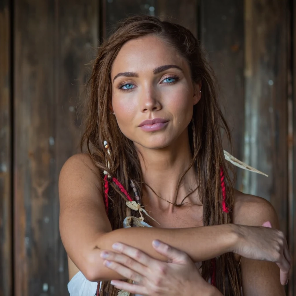 A close-up portrait of jessica_green with long, wavy brown hair adorned with red and white braids. She has fair skin and blue eyes. Her arms are crossed over her chest, and she wears a white top. The background is a rustic wooden wall with a weathered texture. The image style is dramatic and evocative, emphasizing the woman's natural beauty and the textures of the wood.