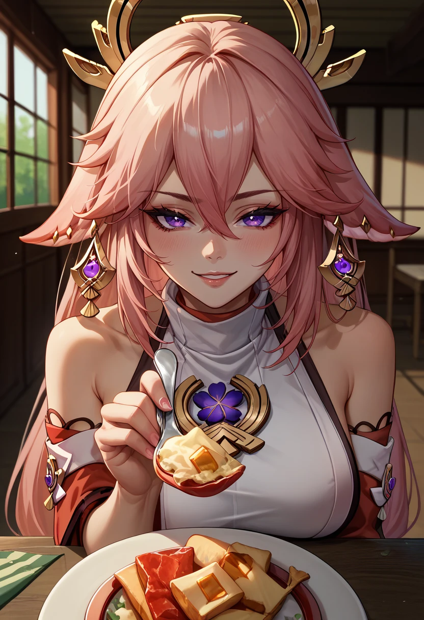 score_9, score_8_up, score_7_up, 1girl, incoming food, holding spoon, <lora:IncomingFood_pdxl_Incrs_v2:1.1>, pov across table, seductive smile, yae miko,