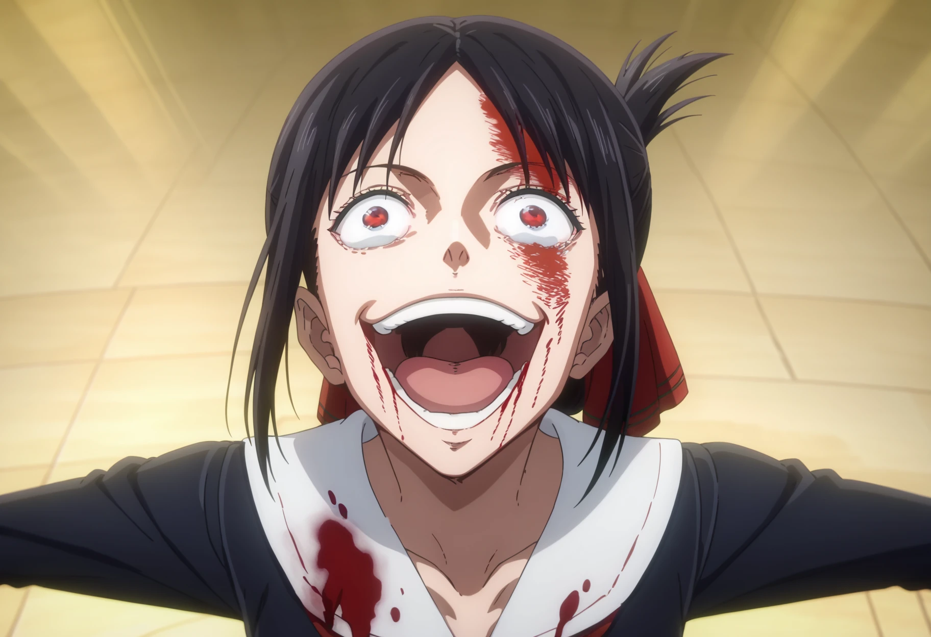 score_9, score_8_up, score_7_up, source_anime,
BREAK
 <lora:shigojoenV1:1>, gojoendef, crazy eyes, crazy smile, 
looking at viewer, smile, open mouth, upper body, teeth, tongue, blood, outstretched arms, blood on face, blood on clothes, 
1girl, solo, anime screencap, anime coloring, 
<lora:kaguya-shinomiya-s3-ponyxl-lora-nochekaiser:0.8> kaguya shinomiya, short hair, bangs, black hair, red eyes, hair ribbon, sidelocks, folded ponytail, parted bangs, long sleeves, dress, ribbon, school uniform, collarbone, black dress, sailor collar, white sailor collar, red ribbon, neck ribbon, shuuchiin academy school uniform,