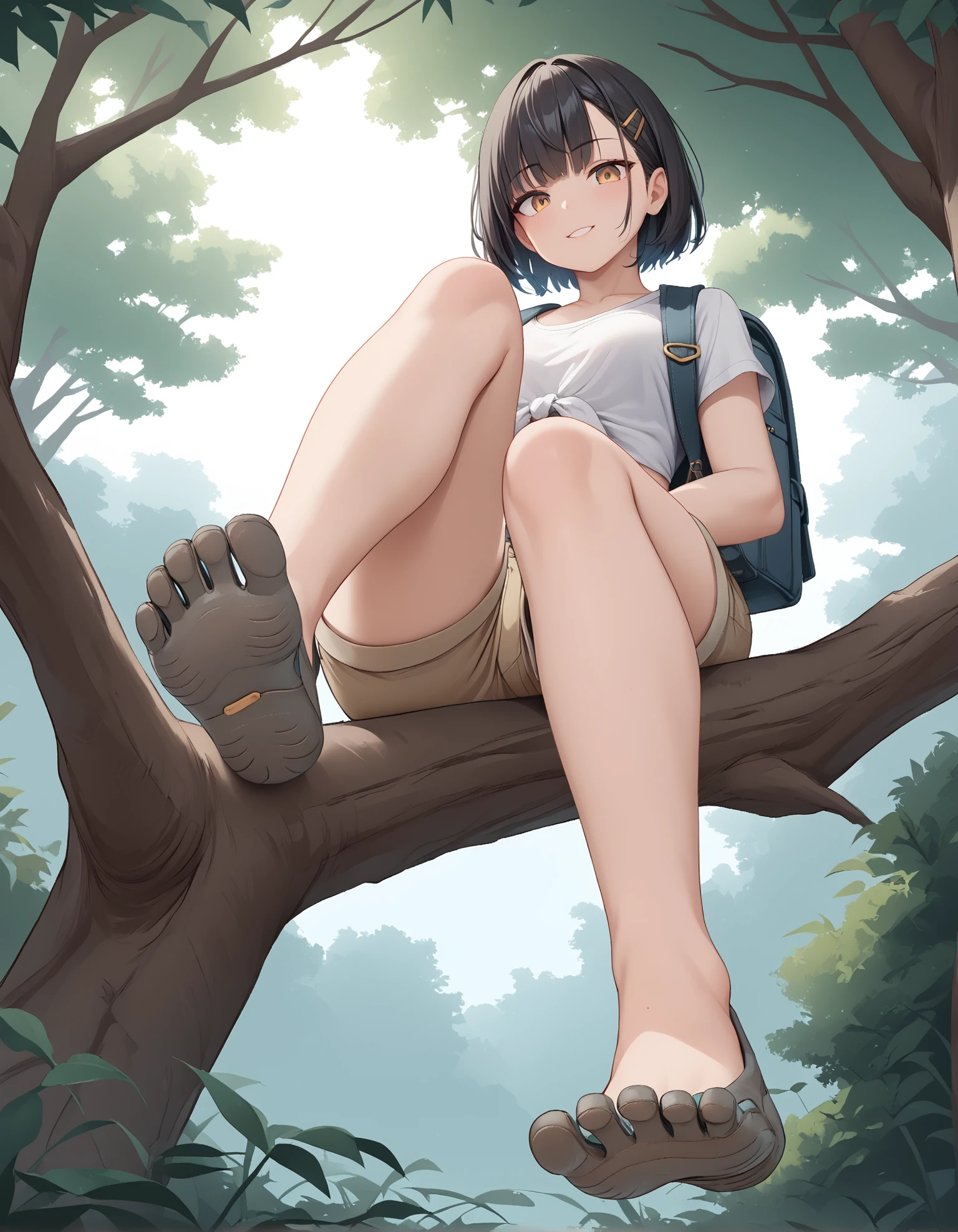 score_9, score_8_up, score_7_up, score_6_up, score_5_up, score_4_up, 
1girl, sitting in tree, (from below:1.2), soles, forest, foot focus,
backpack, tied shirt, loose brown shorts,
black hair,
(5f1ngers footwear), 
embedding:zPDXL2 ,