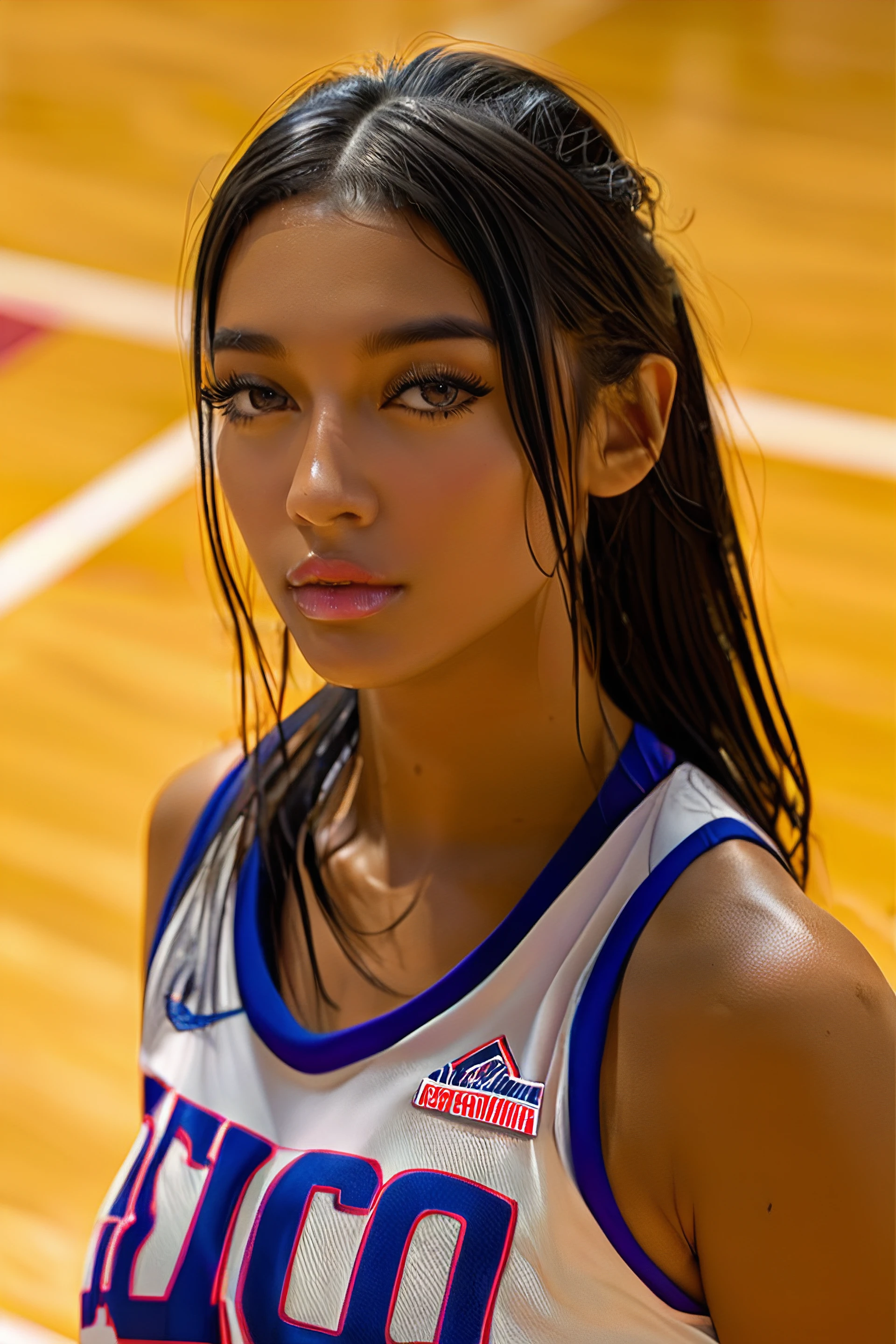 score_9, score_8_up, score_7_up, <lora:Angel_Reese_Pony:.9> angelresse, black hair, dark-skinned female, female focus, sportswear 1girl, looking at viewer , tank top, at Indoor Court, polished wooden floor, professional-grade basketball hoops, bright overhead lighting, team logos painted on the floor, bleachers for spectators, angel, female focus, realistic, basketball