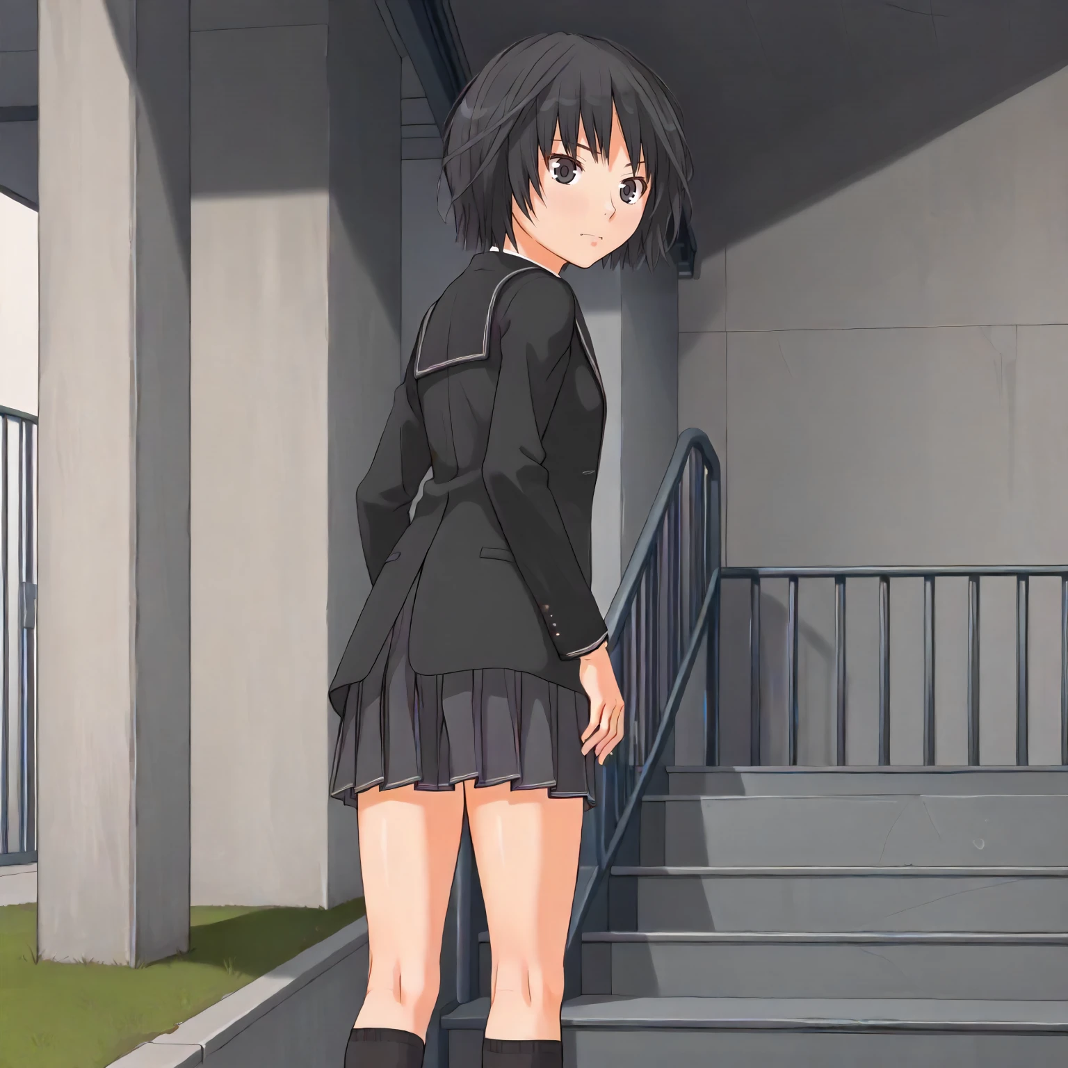 <lora:AG_AiNanasakiXLpony001>,
outdoors,
solo,
AiNanasaki,1girl,black hair,short hair,black eyes,
school_uniform,black jacket,open jacket,
pleated_skirt,
standing,looking back,