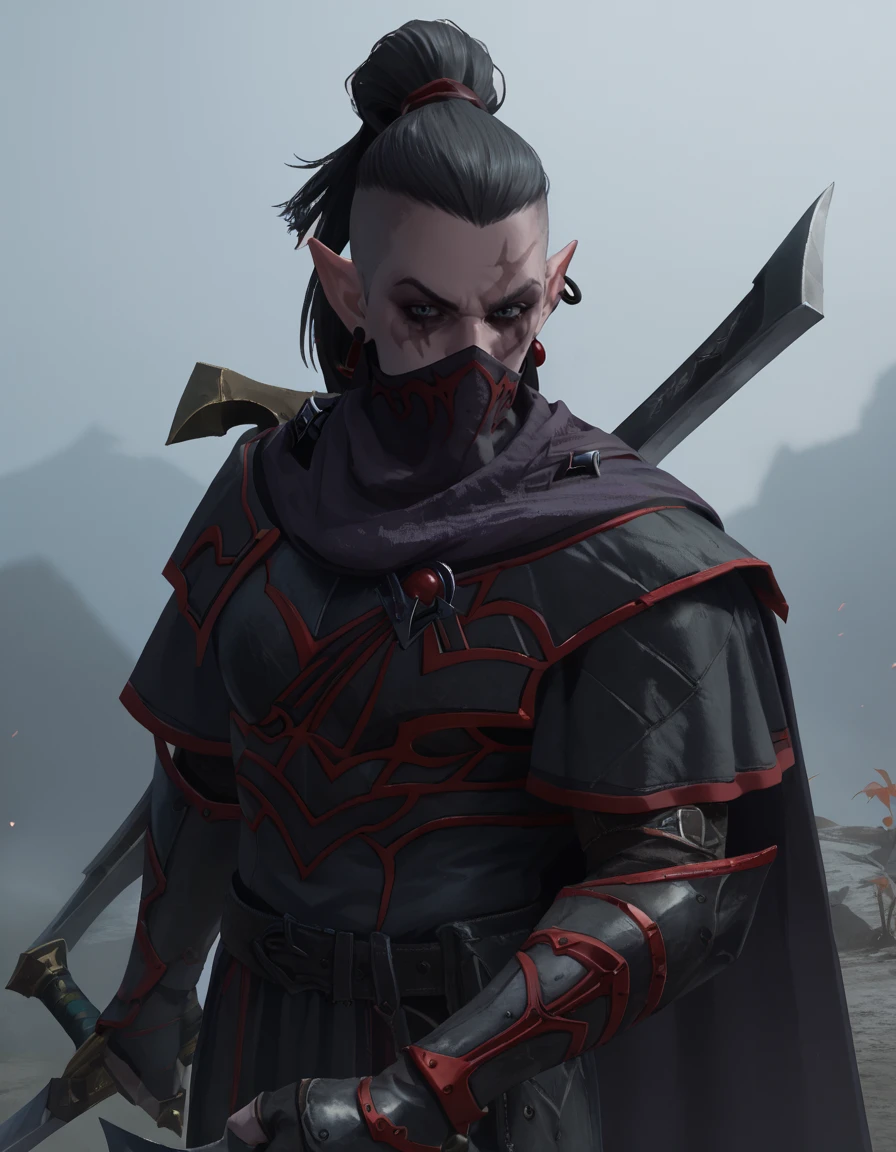 score_9, score_8_up, score_7_up, score_6_up, 
DEShade, pointy ears, black hair, scar, earrings, armor, cape, mask, holding sword,
<lora:Shade:0.85>