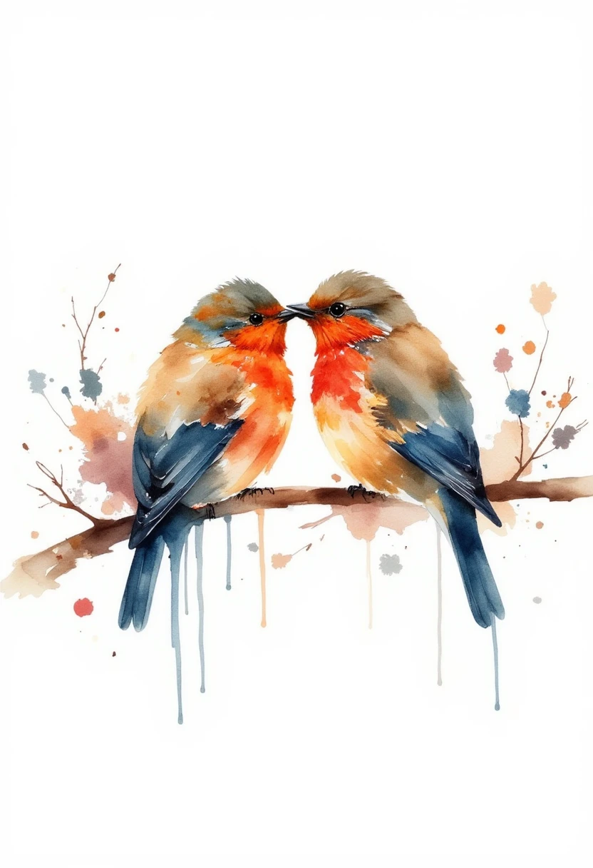 a stylized kk_wcolor watercolor painting of a pair of love birds siiting an a tree branch. On a white background with splotches,slpatters and drips of paint 