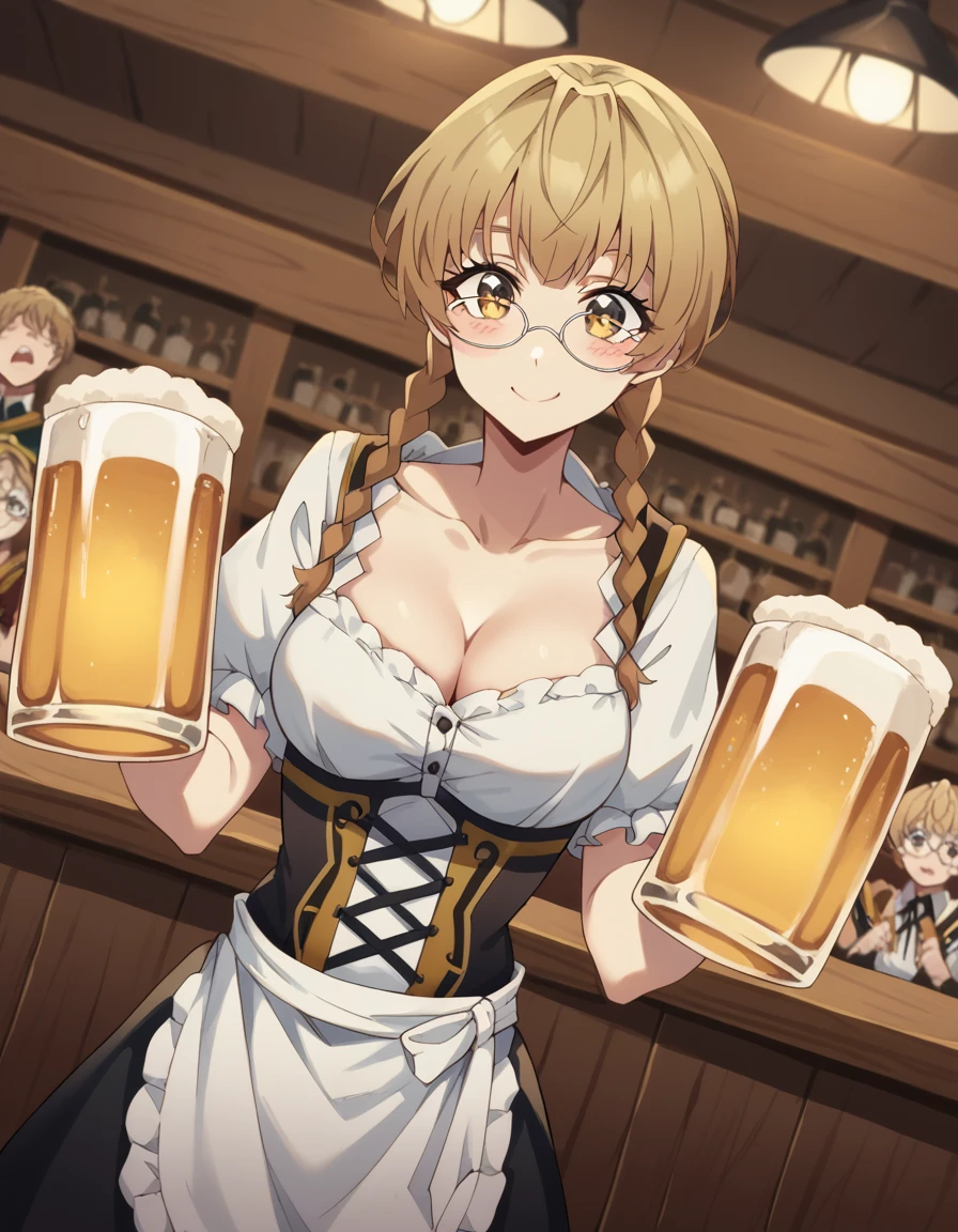 score_9, score_8_up, score_7_up, source_anime, <lora:iris-x-stellamaris-s1-ponyxl-lora-nochekaiser:1>, iris x stellamaris, long hair, blonde hair, brown hair, yellow eyes, braid, glasses, twin braids, round eyewear, medium breasts,, <lora:dirndl-ponyxl-lora-nochekaiser:1>, dirndl, german clothes, beer mug, collarbone, cleavage, beer, underbust, waist apron,, indoors, bar, smile, blush,, , cowboy shot, dutch angle