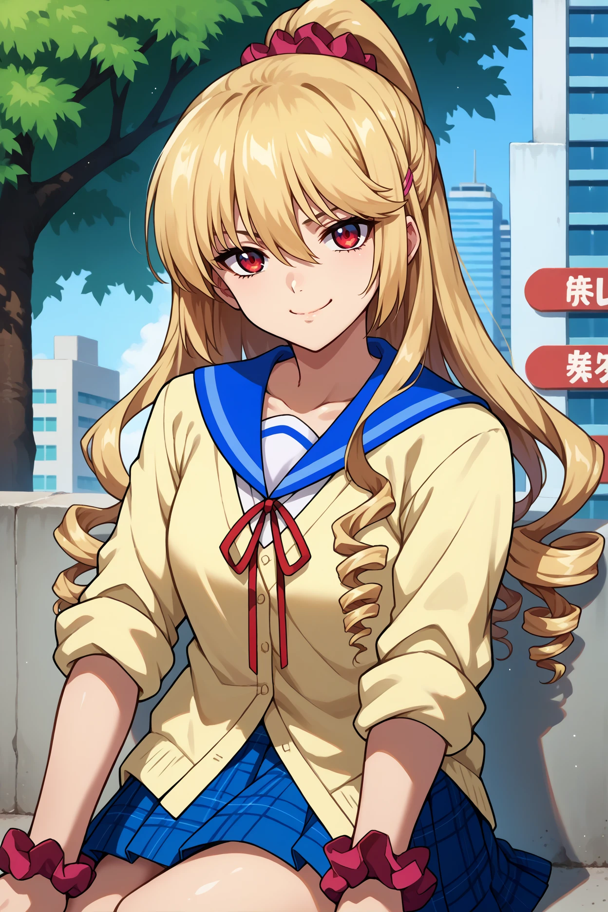 score_9, score_8_up, score_7_up, score_6_up, source_anime, 1girl, solo, <lora:aibaasagi-pdxl-nvwls-v1-000005:1> aibastb, blonde hair, long hair, drill hair, high ponytail, red eyes, hair scrunchie, yellow cardigan, blue sailor collar, red ribbon, neck ribbon, sleeves rolled up, blue skirt, pleated skirt, plaid skirt, wrist scrunchie, looking at you, breasts, smug, smile, upper body, portrait, city, trees, thighs