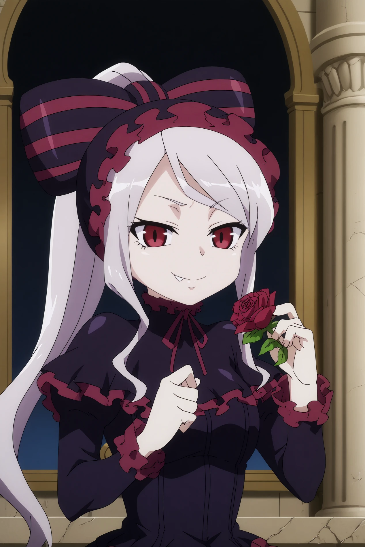 1girl,solo,shalltear bloodfallen,long hair,frills,dress,pale skin,bow,vampire,ponytail,fang out,split pupils,looking at viewer,indoors,gothic castle,dark,clock,chandelier,decoration,roses,upper body,smile,good_hands,holding roses 
<lora:Shalltear_Bloodfallen_-_OverLord:0.8>

