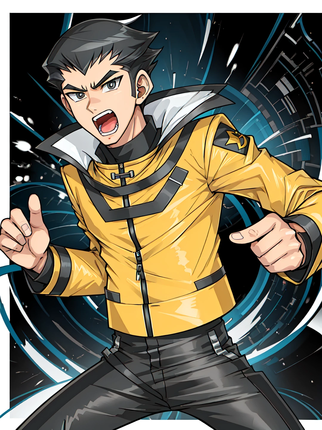 daichi, 1boy, black hair, grey eyes, detail eyes, yellow jacket, open mouth, black pants, <lora:Daichi_Misawa:0.6>