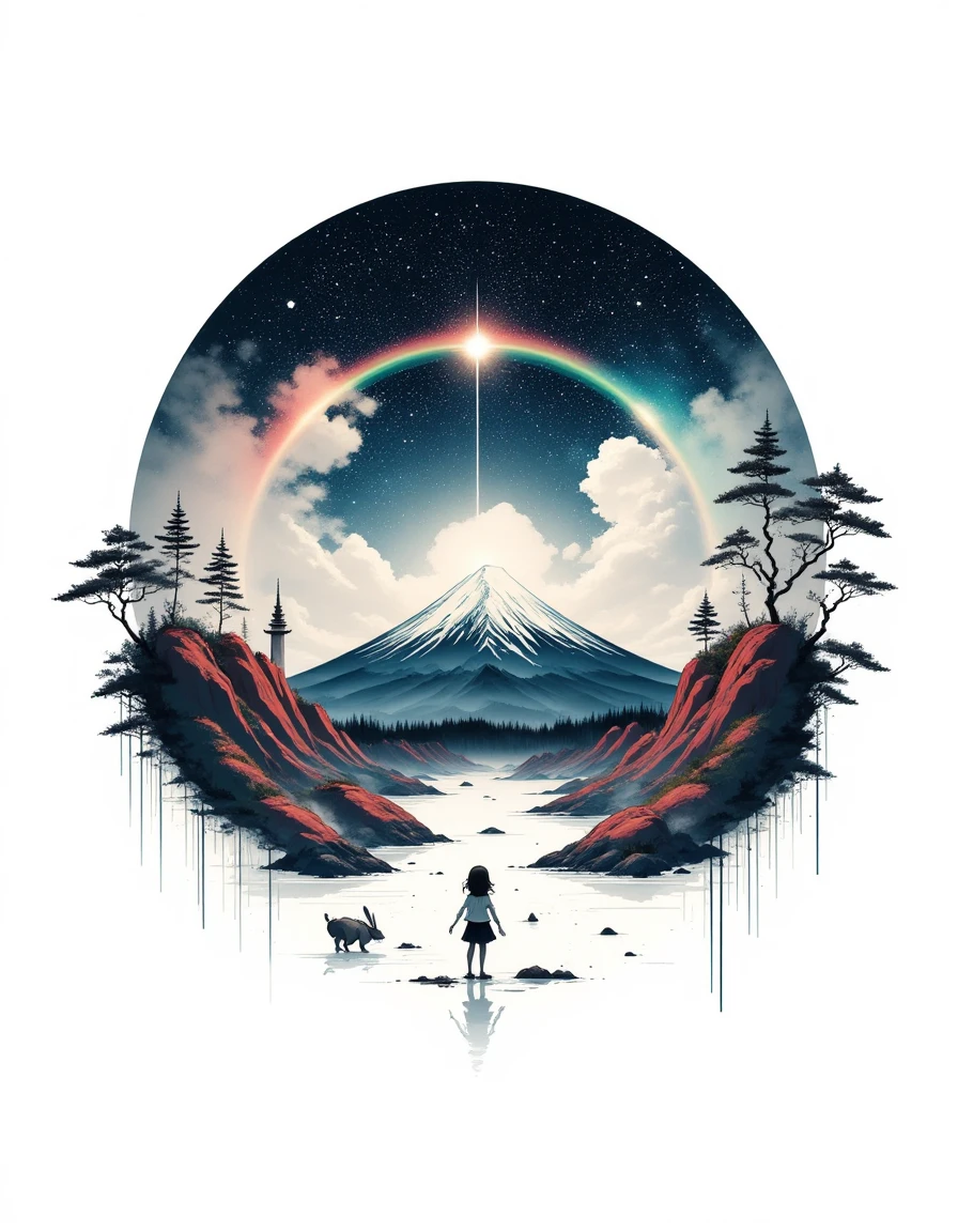 An ink-drawn rabbit on a white background, surrounded by a breathtaking scenery. A masterpiece featuring a mountain with a majestic dragon, set in a space-like atmosphere. A single girl stands near water, with stars sparkling above. Best quality rendering of clouds forming a circle shape in the sky, near a monk temple on top of a snow-capped mountain. The sun shines brightly, casting a rainbow with vibrant, colorful hues. The scene is framed by trees and red-tinted mountains, in a high-resolution, detailed style, 1950s, centerford, playboy  <lora:mrcenterfordInkStyle-FLUX-V0.1:1>