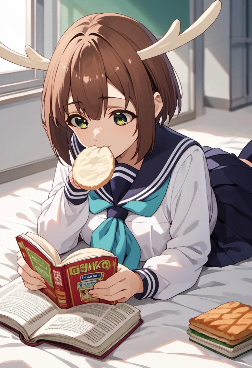 score_9, score_8_up, score_7_up, source_anime,shikanoko noko, short hair, brown hair, green eyes, antlers, school uniform, 1girl, skirt, serafuku, on stomach, reading, mouth hold, lying, food, solo, pleated skirt, blue neckerchief