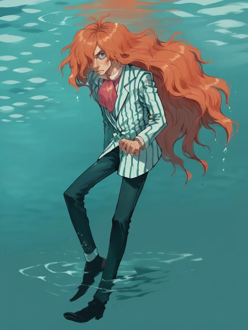 score_9, score_8_up, score_7_up, score_6_up, score_5_up,   <lora:FujimotoXLP:1> fujimoto, 1boy, long hair, solo, orange hair, striped, hair over one eye, water background,