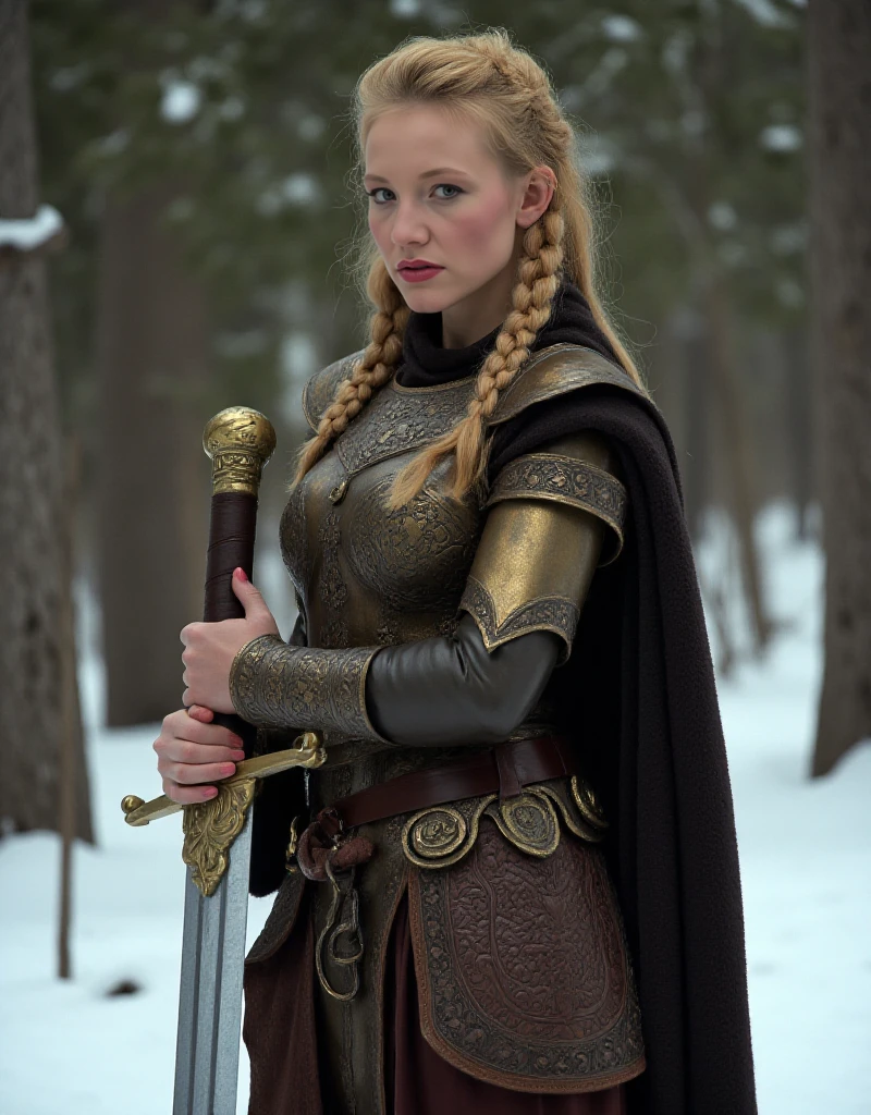 Alicyn Sterling is a woman. Her hair are braided. She is a viking warrior and wears a light armor made of leather and bronze. she is holding a big sword with exquisit details. She stands in the snow in a forest<lora:Alicyn_Sterling:0.9>