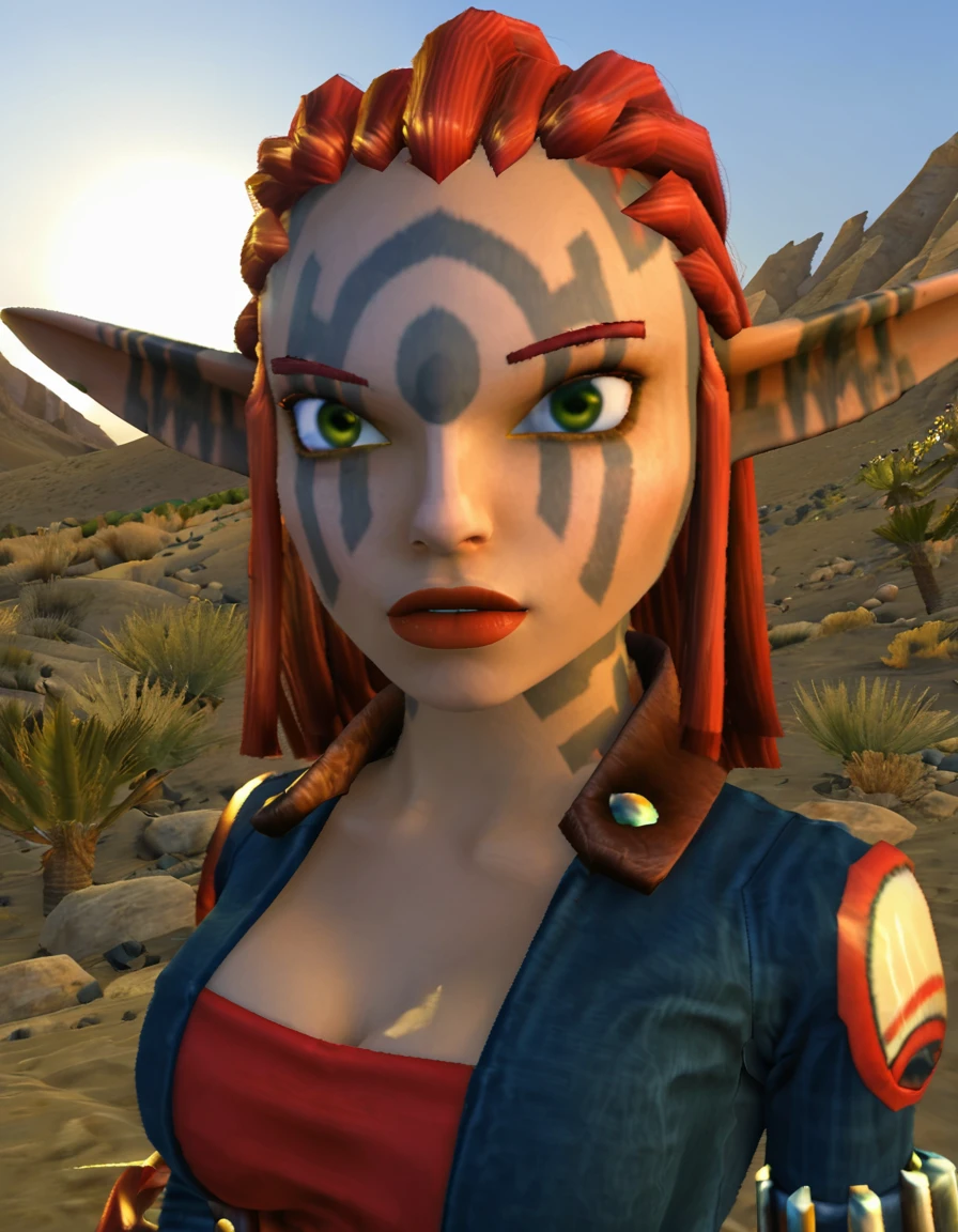 1girl, woman, red hair, face tattoo, elf, pointy ears, green eyes,
looking at viewer,  standing
BREAK
3D, real life photo, cinematic video,
outdoors, desert, sun, sky
BREAK
(masterpiece), (high-resolution), (best quality), (detailed), (beautiful scene), newest, very aesthetic <lora:PS2_Jak3_Pony:1>