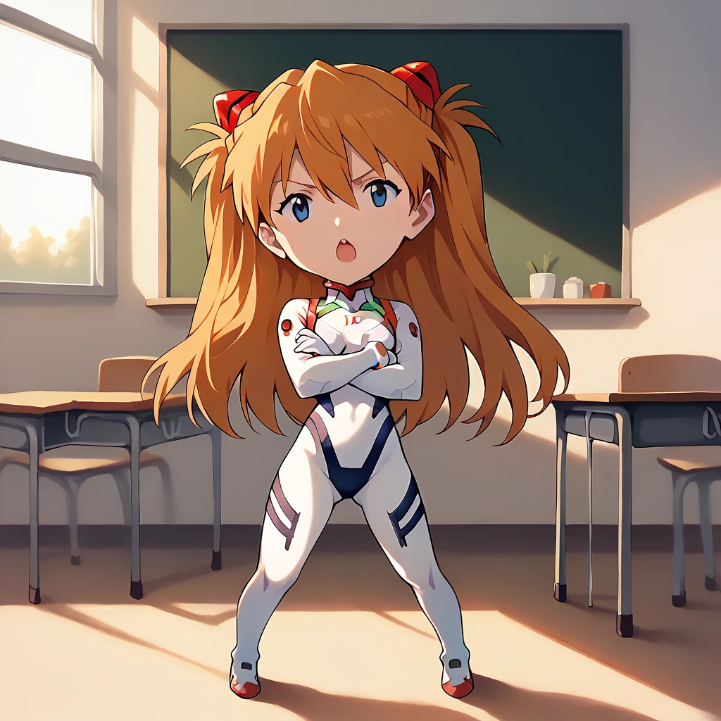 score_9, score_8_up, score_7_up,bdchibi,1girl,solo,  <lora:[pony]bdchibi:1>,full body, (white background:1.3),    <lora:souryuu asuka langley for pony:0.7>,souryuu asuka langley, white bodysuit,crossed arms, open mouth, standing,spread legs, indoors,classroom, sunset,windows,chalkboard, school desk,