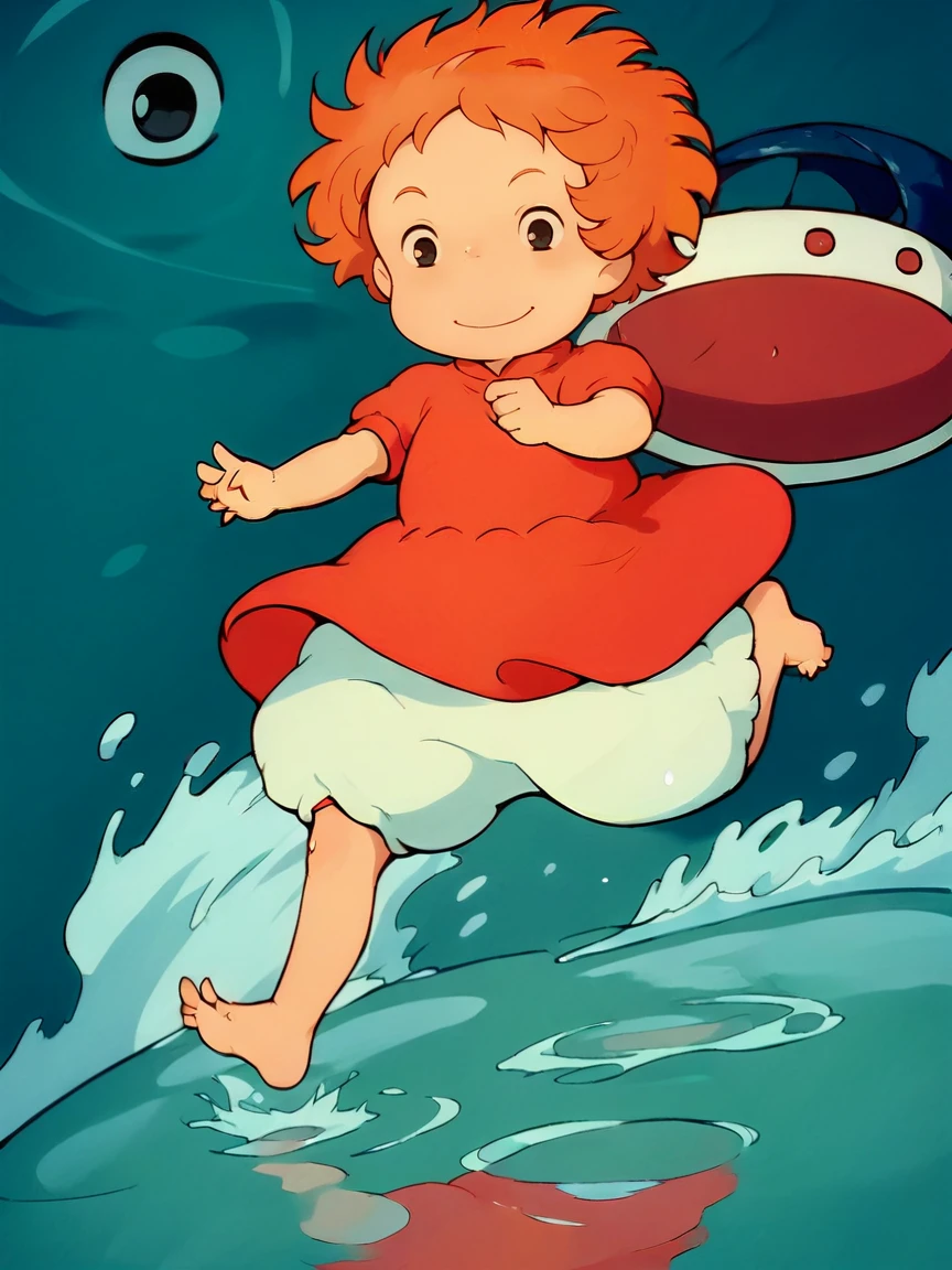 score_9, score_8_up, score_7_up, score_6_up, score_5_up,  <lora:PonyoXLP:1> ponyo, 1girl, short hair, dress, solo, barefoot, orange hair, black eyes, child, red dress, bloomers, water, smile. blue background