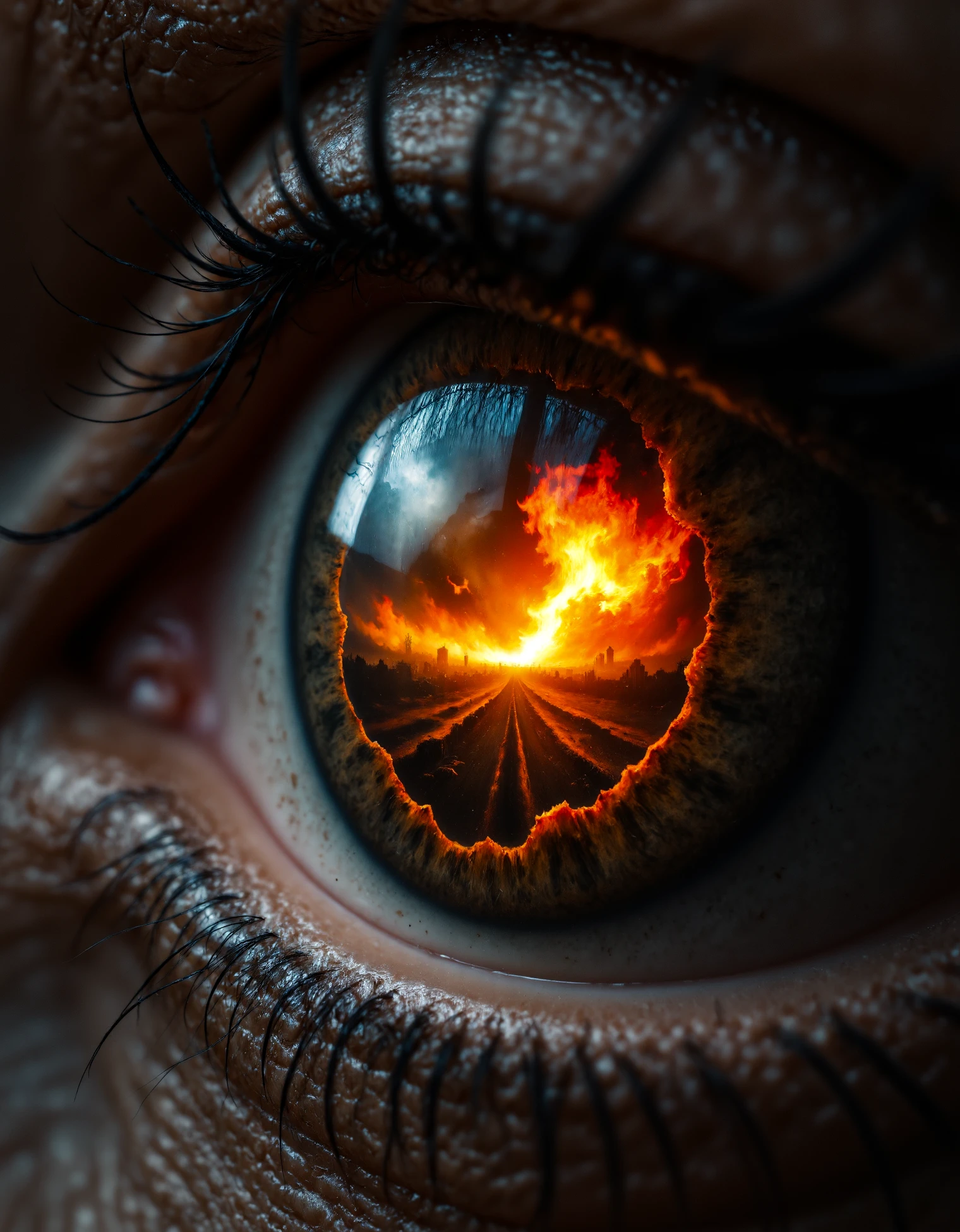 zavy-drkcnmtc, long shot scenic professional photograph of An extreme close-up of a woman eye, showing intricate scales and reflections of a burning town. The flames and smoke are vivid and intense, with ash drifting in the air. The woman iris glows ominously. The eye glowing with a radiant shimmer, reflecting the red flames of a large fire. Realistic style., perfect viewpoint, highly detailed, wide-angle lens, hyper realistic, with dramatic sky, polarizing filter, natural lighting, vivid colors, everything in sharp focus, HDR, UHD, 64K