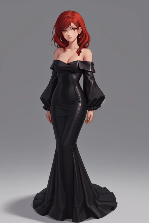 <lora:dsmermaid-20:0.6> dsmermaid, black leather dress, off shoulder sleeves, red hair, purple eyes