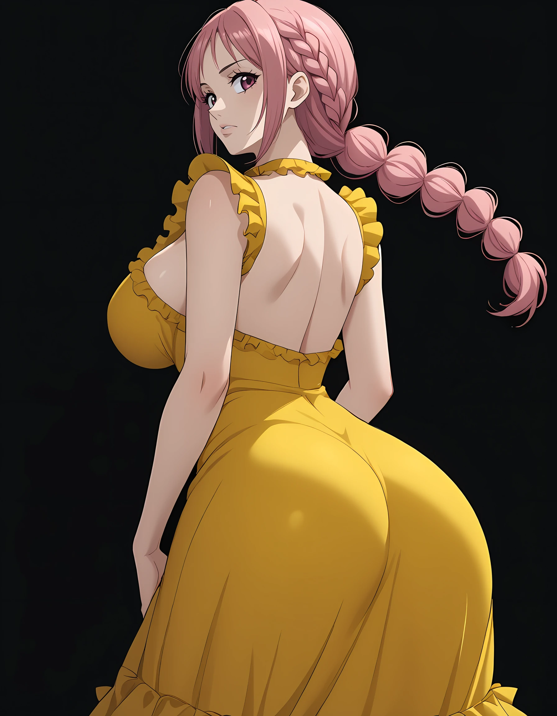 <lora:Rebecca_2:1>, rebecc4, braid, simple black background
1gir, solo, yellow dress, frills, large breasts, from-behind, looking back, standing