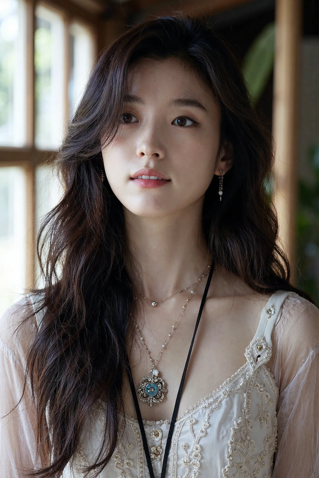 bright photo of beautiful korean girl with long wavy hair wearing bohemian dress, inside a rustic house with windows, necklace, dslr, studio lighting, high quality, film grain, light reflections, blood vessels, pale skin, detailed skin, <lora:flux_realism_lora:1>, <lora:makinaflux_hanhyojoo_v1.0.S:1>