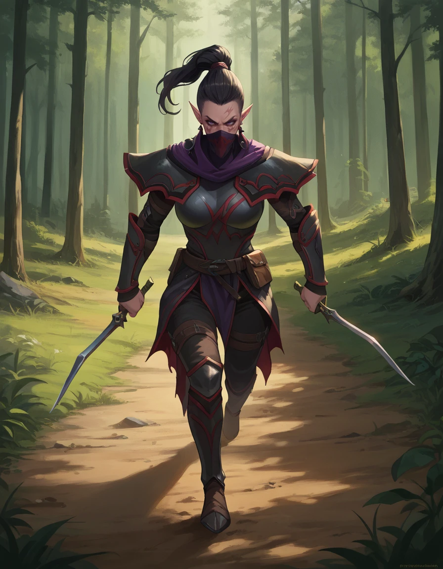 score_9, score_8_up, score_7_up, score_6_up, masterpiece, 2d, cartoon, dynamic, forest, 
DEShade, pointy ears, black hair, scar, earrings, armor, mask, running, dual wielding,
curvy, mature eyes, purple eyes, solo,
<lora:Shade:0.8>