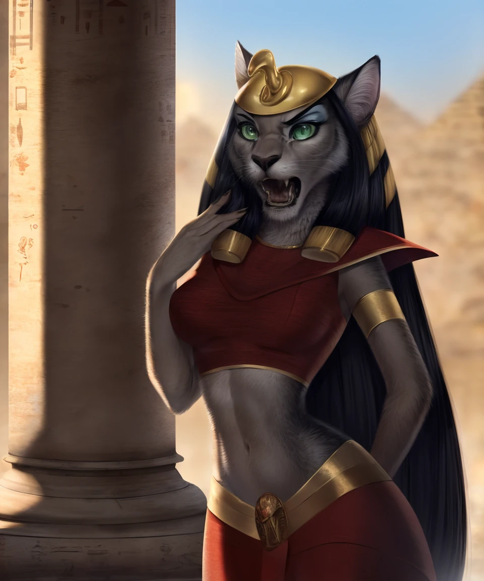 realistic, cinematic lighting, ambient occlusion, solo, mirage, female, uraeus, green eyes, eyeshadow, egyptian clothes, angry, open mouth, observation tower, by ladnelsiya, <lora:Mirage_02-BB95-nd128-na128-e06:1>