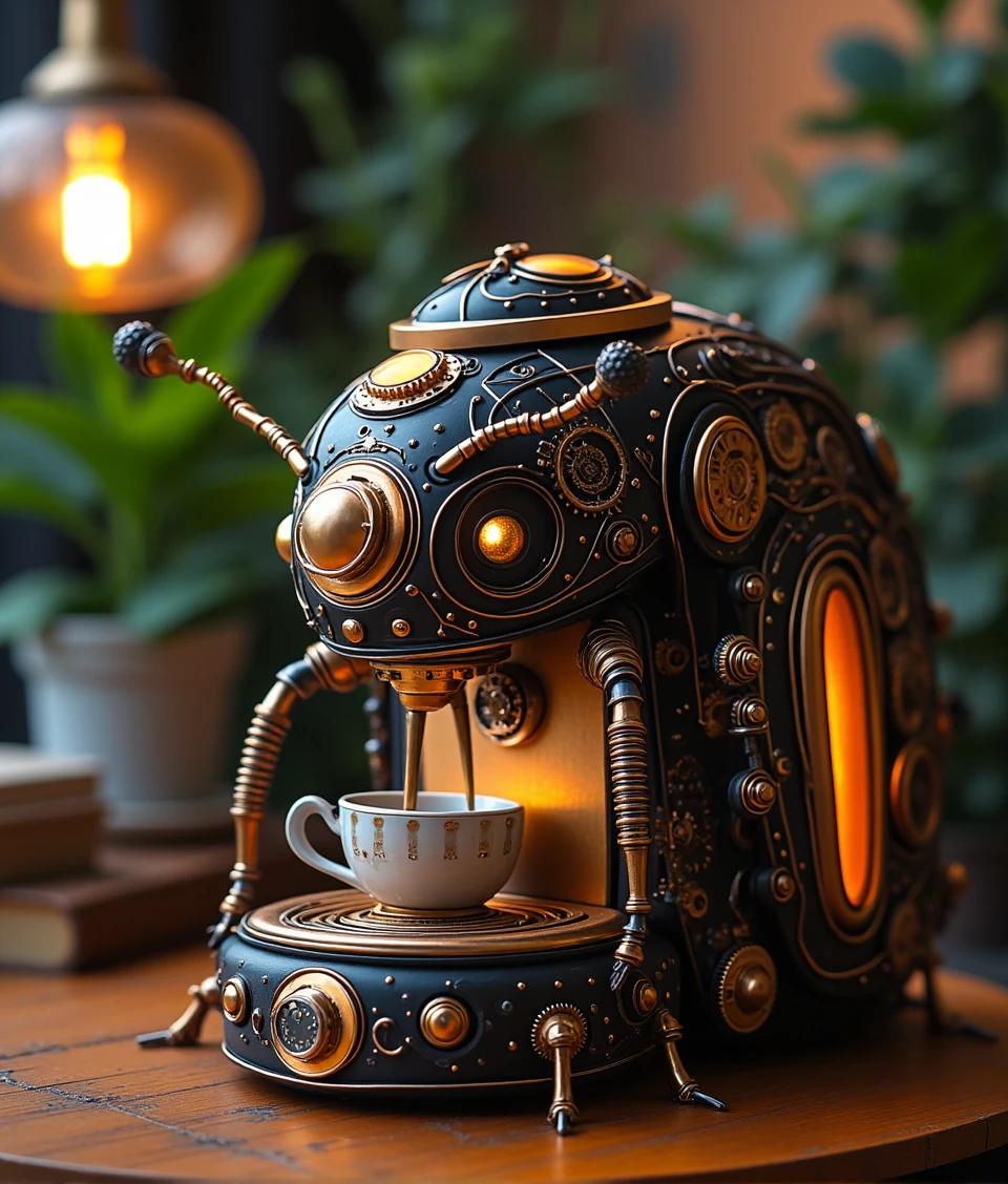 an Espresso machine on table,working and glowing,MECHSCARAB